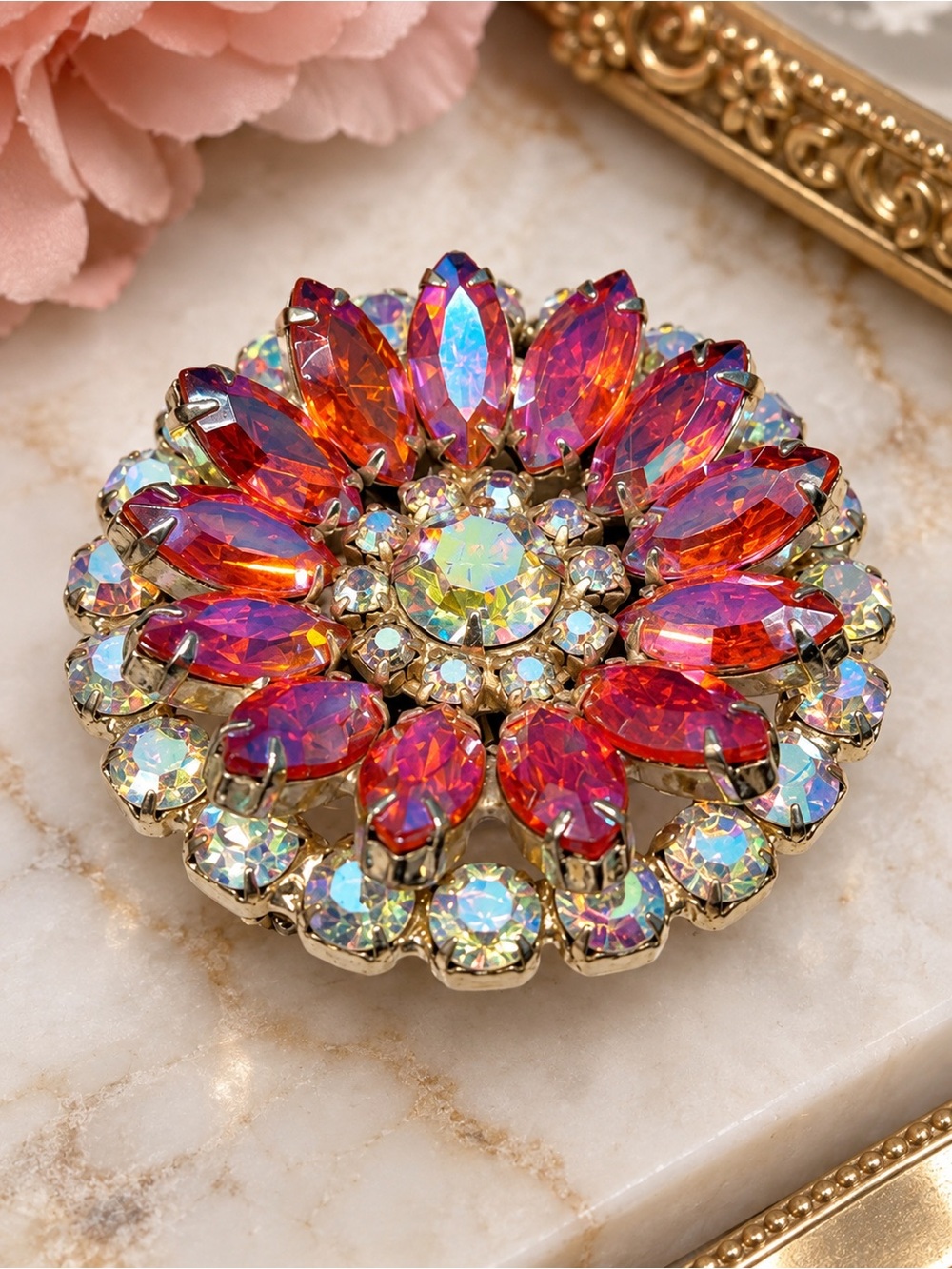 Vintage Watermelon Rhinestone Brooch AB Crystal Statement Flower Weiss Style